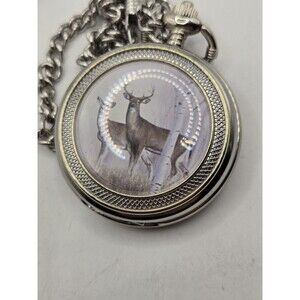 Deer Wildlife Pocket Watch Silver Tone Chain 49mm Mens New Battery. MINT